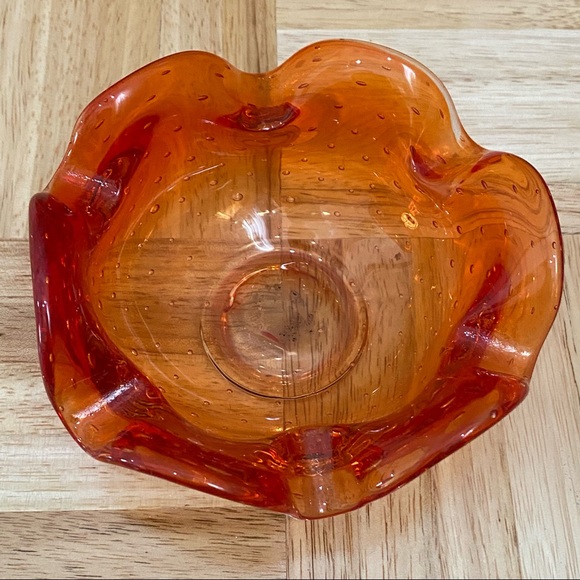Murano Style Art Glass Controlled Bubble Bullicante Orange Ruffled Candy Dish - Picture 7 of 13